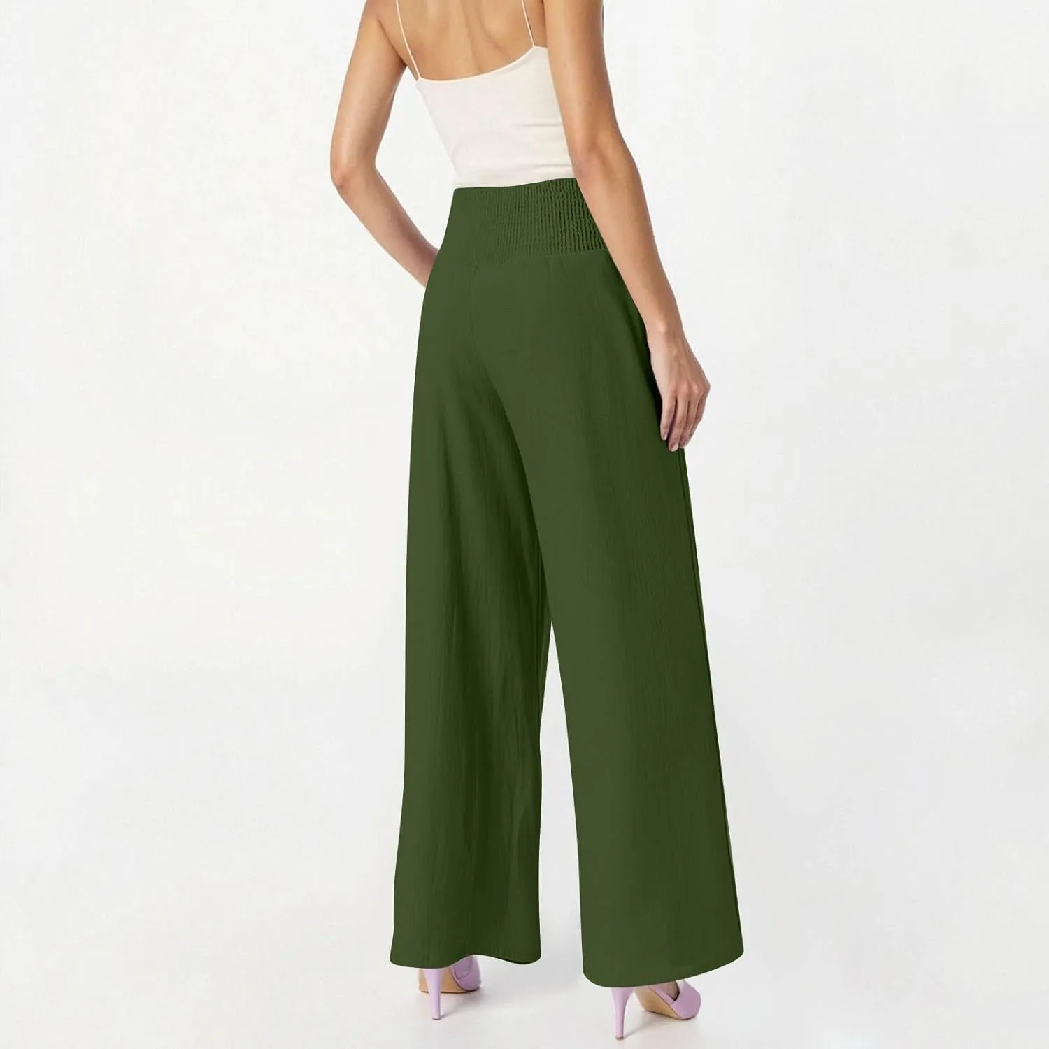Wide Leg Linen Pants for Women High Waist Summer Palazzo Pants Smocked Elastic Pant Dressy Trouser with Pockets