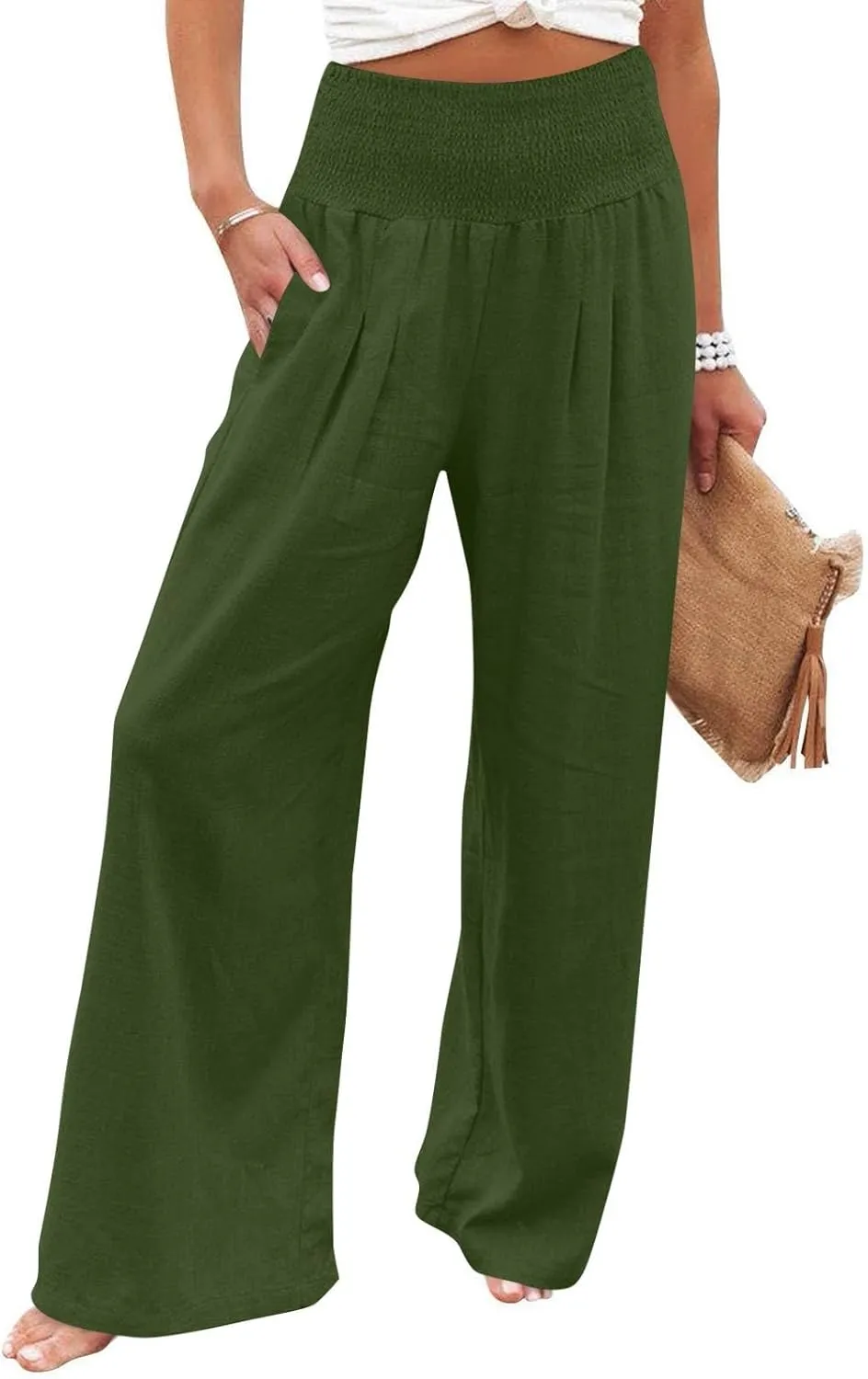 Wide Leg Linen Pants for Women High Waist Summer Palazzo Pants Smocked Elastic Pant Dressy Trouser with Pockets