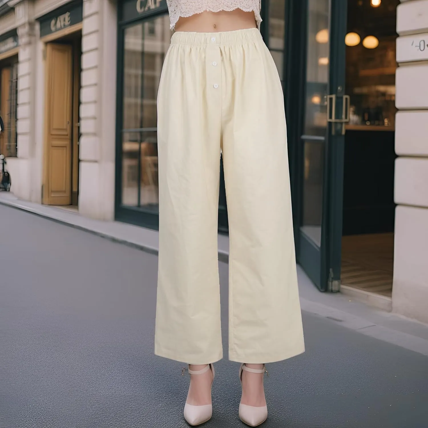 Wide Leg Linen Pants for Women Summer Casual Pants Elastic Waist Trouser Work Palazzo Pant with Pockets (S-2Xl)