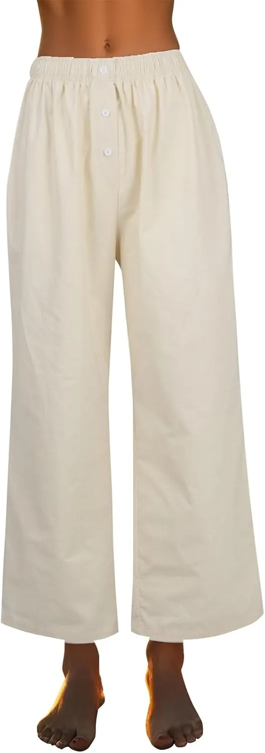 Wide Leg Linen Pants for Women Summer Casual Pants Elastic Waist Trouser Work Palazzo Pant with Pockets (S-2Xl)