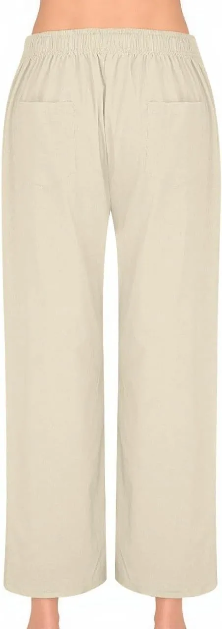 Wide Leg Linen Pants for Women Summer Casual Pants Elastic Waist Trouser Work Palazzo Pant with Pockets (S-2Xl)