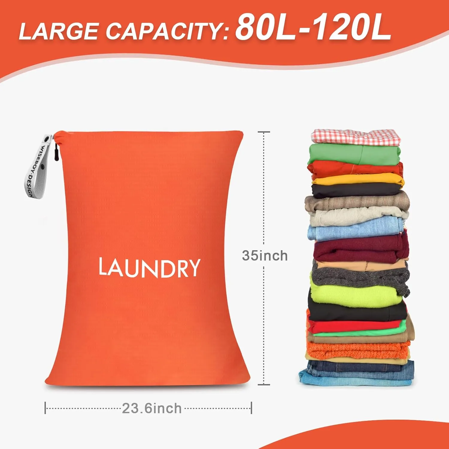WiseBoy Laundry Bag, 23.6x35 inch Oversized Laundry Bags, Travel Laundry Bag Dirty Clothes Organizer, Nylon Wet Dry Storage Bag for College Dorm, Camping, Caravan, Orange