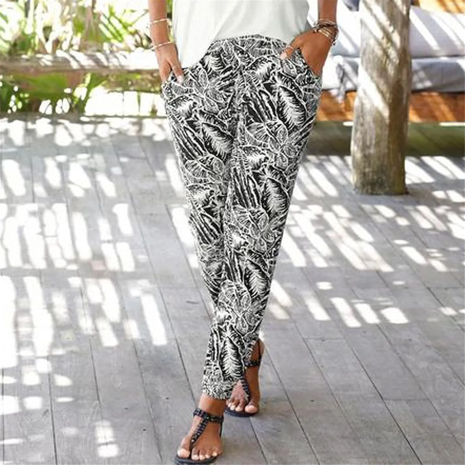 Women Boho Beach Pants Elastic High Waist Long Pants Comfy Loose Fit Trousers Pull-on Slacks Pants