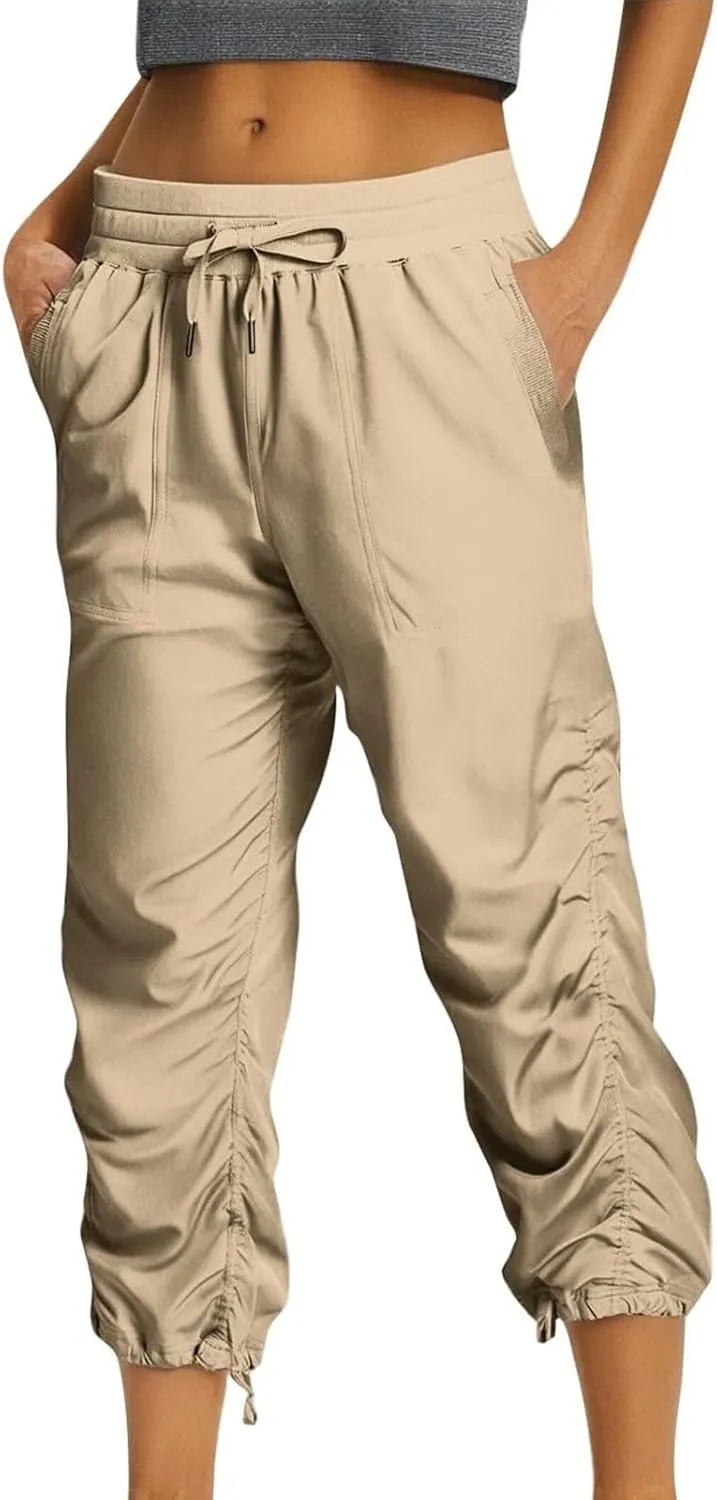 Women Capri Pants Casual Drawstring Elastic High Waisted Pant Quick Dry Tapered Pant Athletic Workout Hiking Trousers