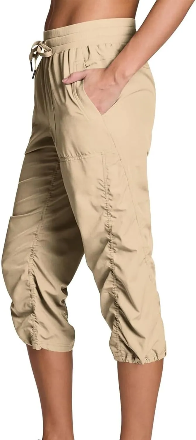 Women Capri Pants Casual Drawstring Elastic High Waisted Pant Quick Dry Tapered Pant Athletic Workout Hiking Trousers
