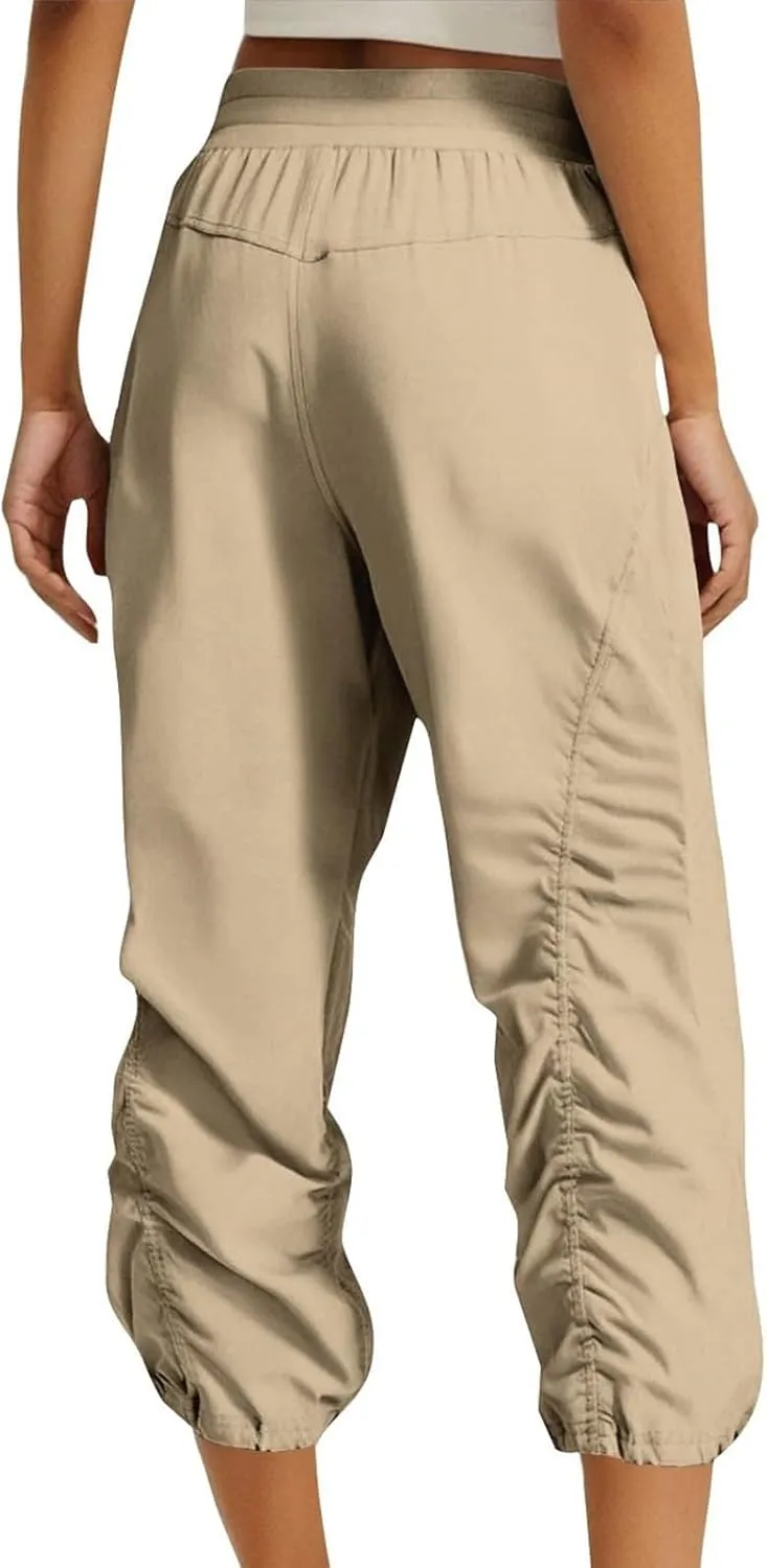 Women Capri Pants Casual Drawstring Elastic High Waisted Pant Quick Dry Tapered Pant Athletic Workout Hiking Trousers