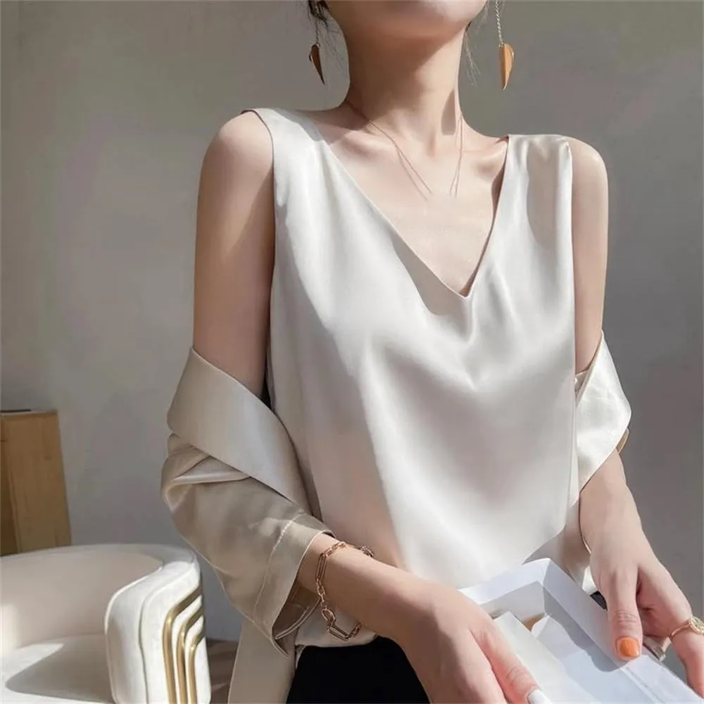 Women Casual Solid Satin Silk Vest Tops Summer V-Neck Thin Sleeveless Camisole Shirt