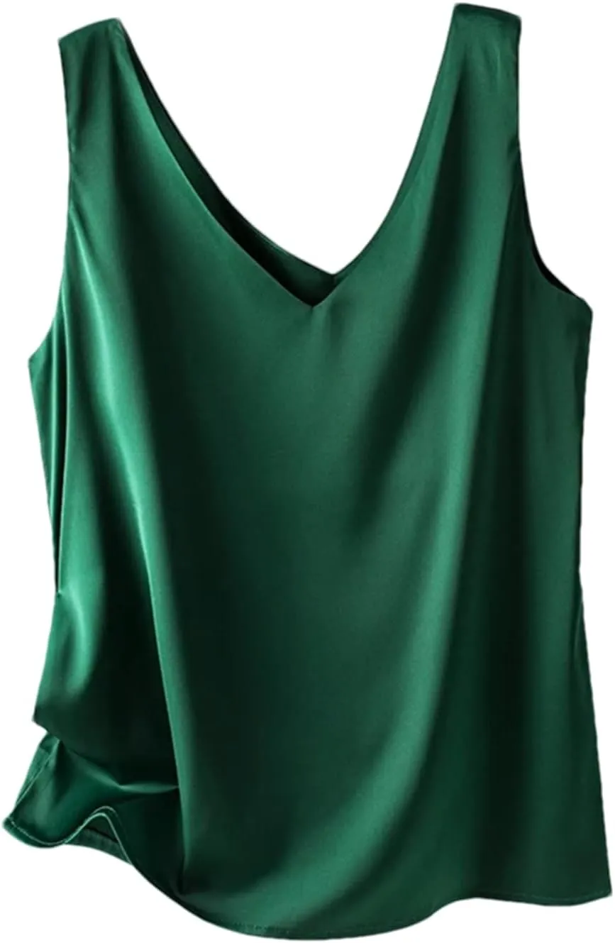 Women Casual Solid Satin Silk Vest Tops Summer V-Neck Thin Sleeveless Camisole Shirt