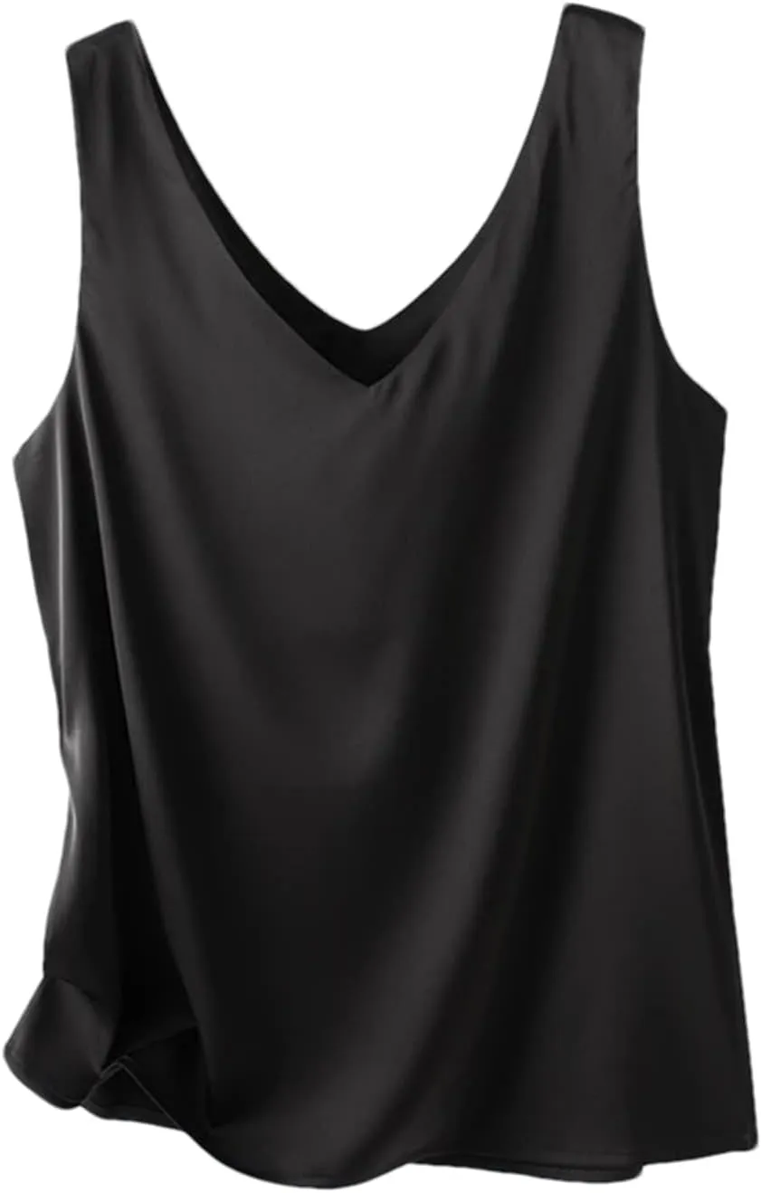 Women Casual Solid Satin Silk Vest Tops Summer V-Neck Thin Sleeveless Camisole Shirt