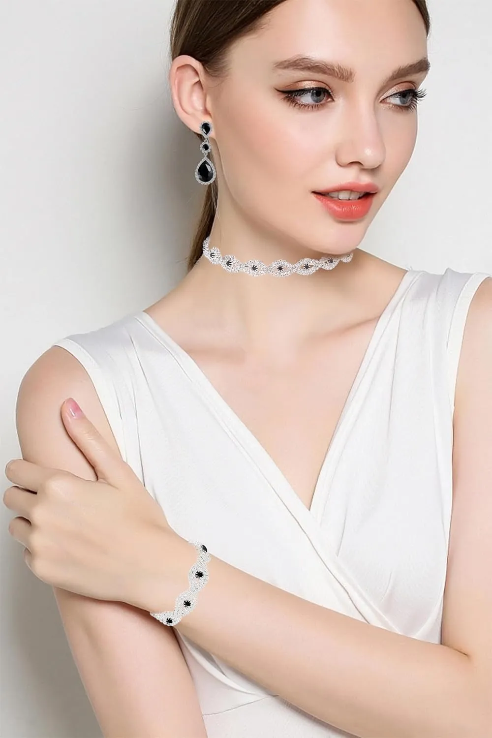 Women Classic Elegant Sparkling Infinity Design Rhinestone Crystal Choker Necklace Earrings Bracelet Jewelry Set for Wedding Bridal Bridesmaids Party