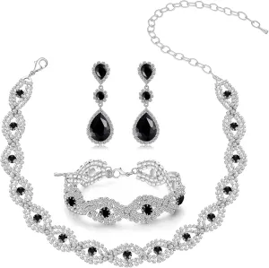Women Classic Elegant Sparkling Infinity Design Rhinestone Crystal Choker Necklace Earrings Bracelet Jewelry Set for Wedding Bridal Bridesmaids Party