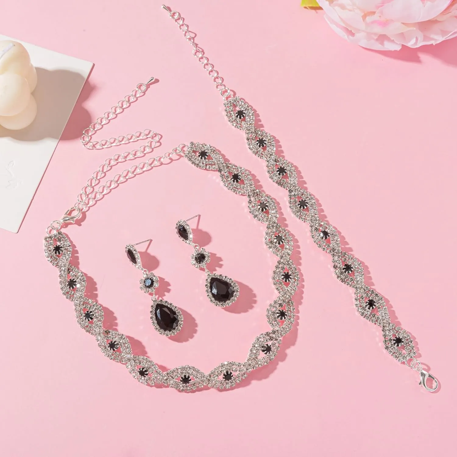 Women Classic Elegant Sparkling Infinity Design Rhinestone Crystal Choker Necklace Earrings Bracelet Jewelry Set for Wedding Bridal Bridesmaids Party