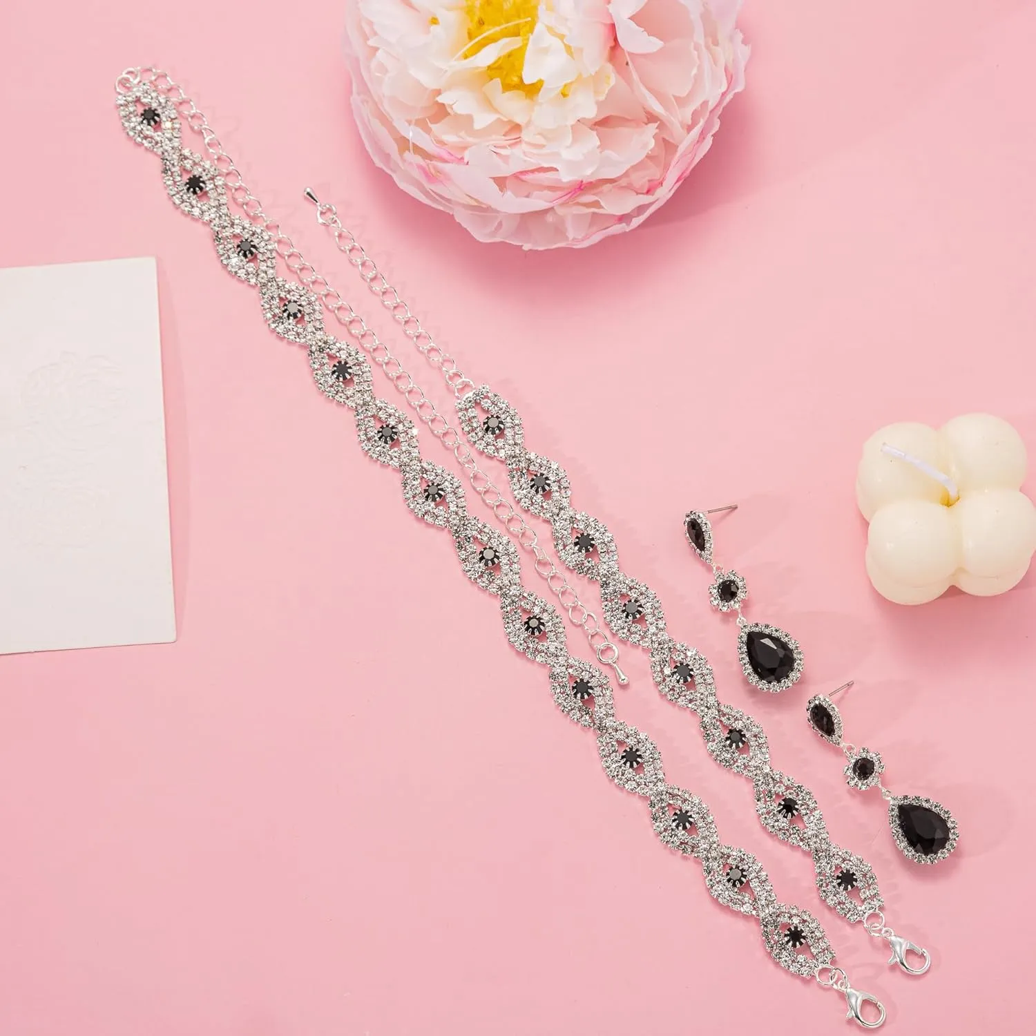 Women Classic Elegant Sparkling Infinity Design Rhinestone Crystal Choker Necklace Earrings Bracelet Jewelry Set for Wedding Bridal Bridesmaids Party