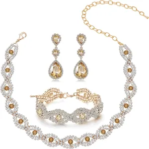 Women Classic Elegant Sparkling Infinity Design Rhinestone Crystal Choker Necklace Earrings Bracelet Jewelry Set for Wedding Bridal Bridesmaids Party