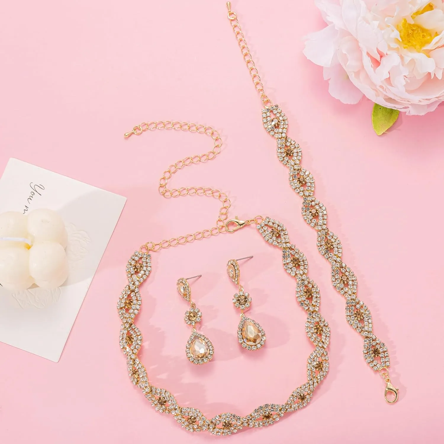 Women Classic Elegant Sparkling Infinity Design Rhinestone Crystal Choker Necklace Earrings Bracelet Jewelry Set for Wedding Bridal Bridesmaids Party