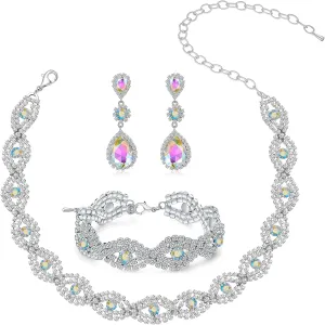 Women Classic Elegant Sparkling Infinity Design Rhinestone Crystal Choker Necklace Earrings Bracelet Jewelry Set for Wedding Bridal Bridesmaids Party