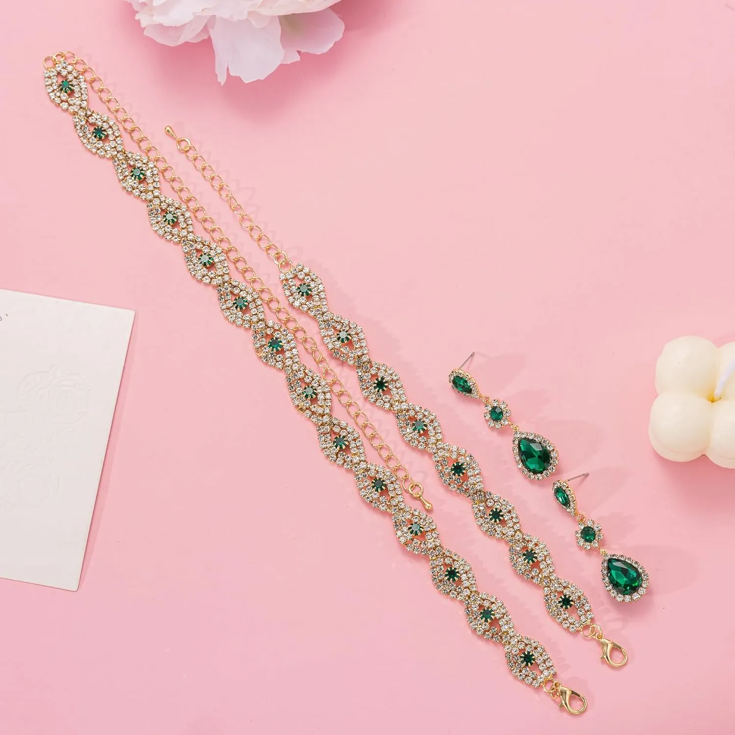 Women Classic Elegant Sparkling Infinity Design Rhinestone Crystal Choker Necklace Earrings Bracelet Jewelry Set for Wedding Bridal Bridesmaids Party