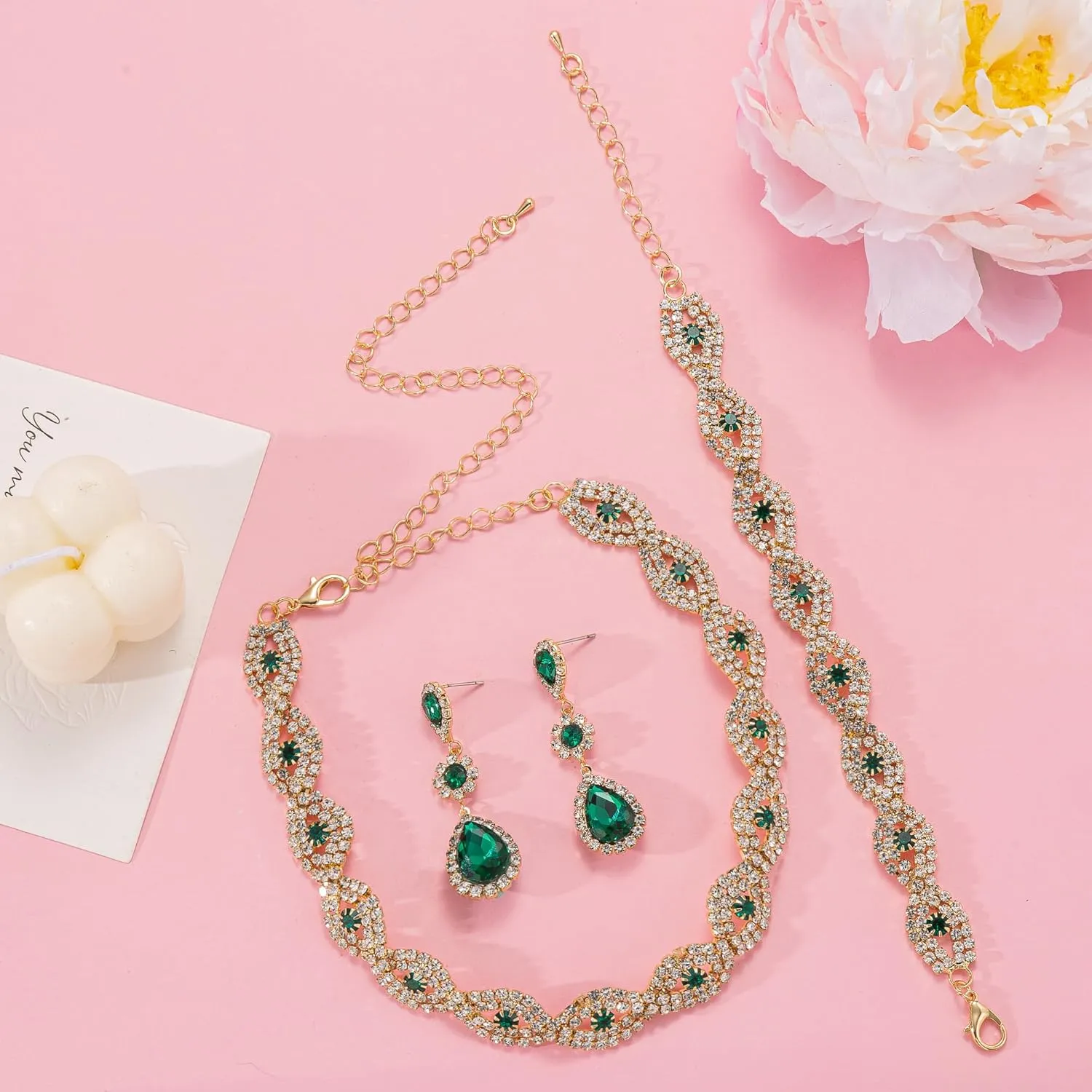 Women Classic Elegant Sparkling Infinity Design Rhinestone Crystal Choker Necklace Earrings Bracelet Jewelry Set for Wedding Bridal Bridesmaids Party