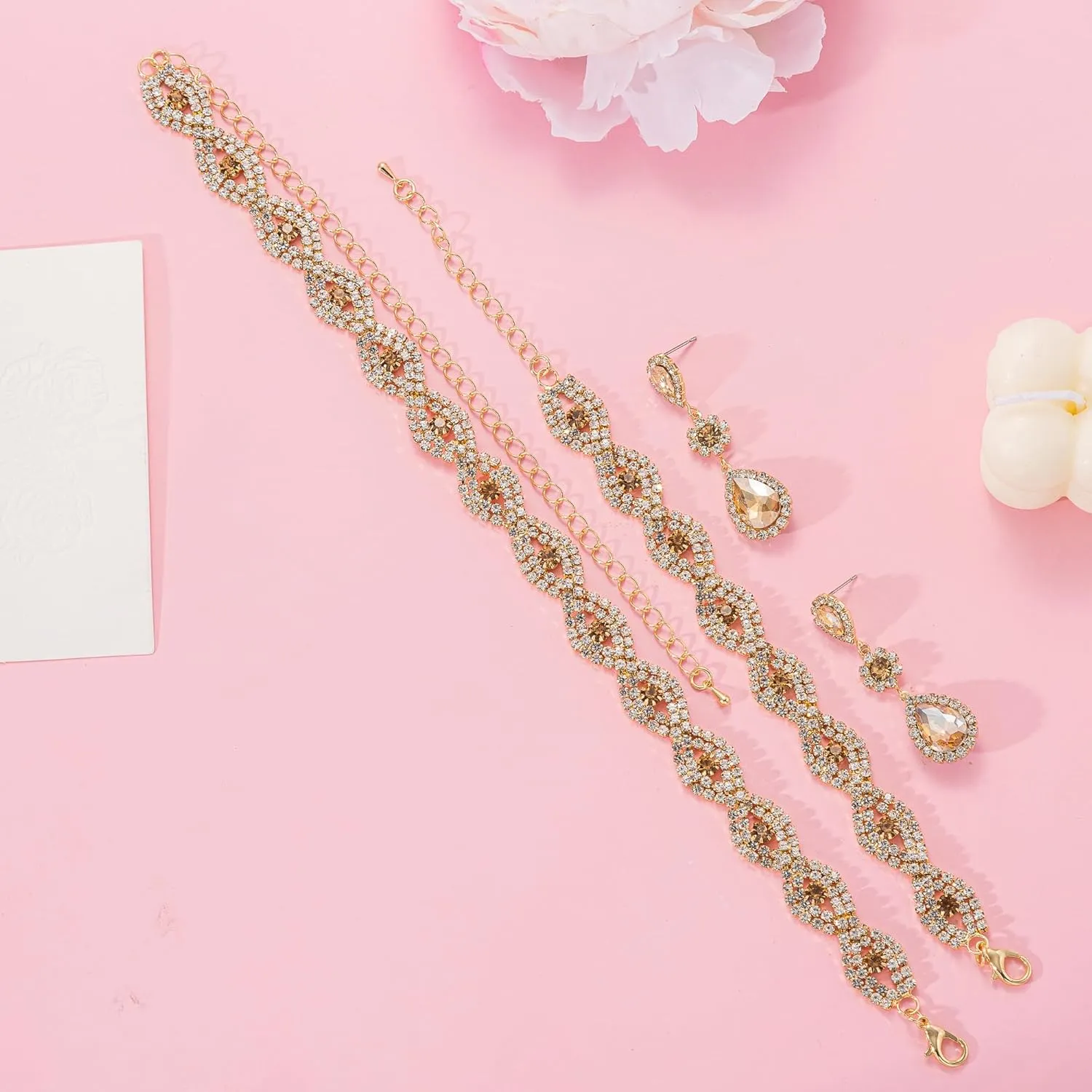 Women Classic Elegant Sparkling Infinity Design Rhinestone Crystal Choker Necklace Earrings Bracelet Jewelry Set for Wedding Bridal Bridesmaids Party