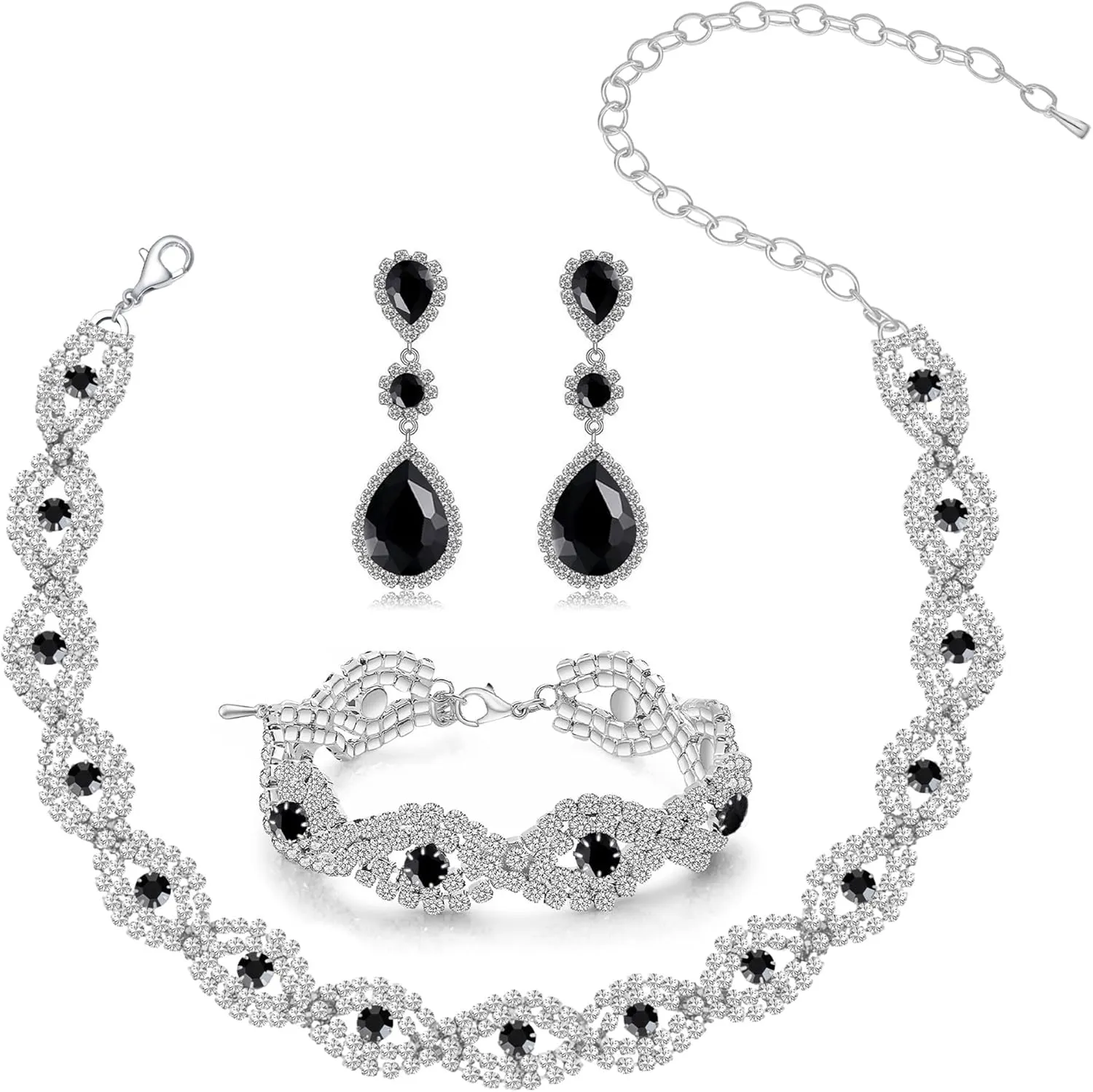 Women Classic Elegant Sparkling Infinity Design Rhinestone Crystal Choker Necklace Earrings Bracelet Jewelry Set for Wedding Bridal Bridesmaids Party