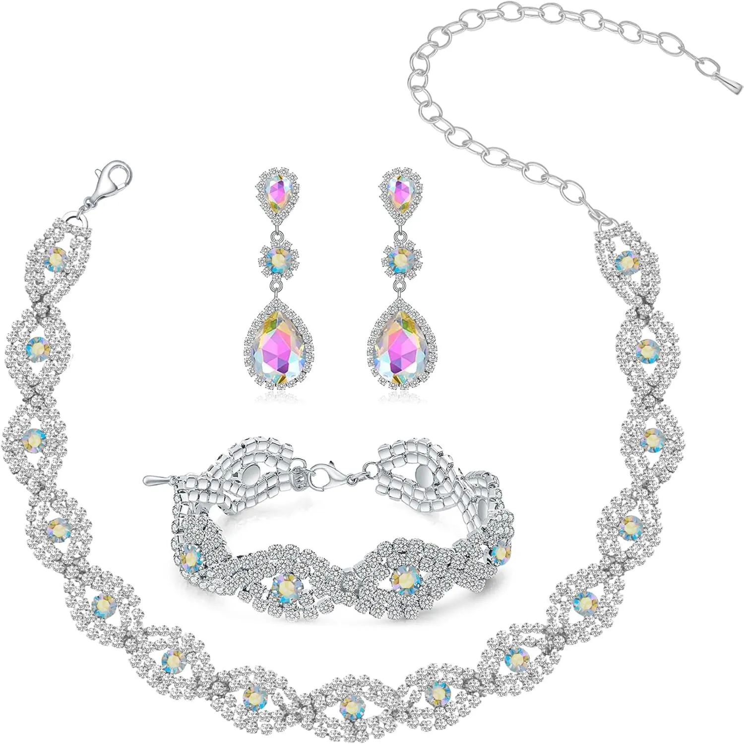 Women Classic Elegant Sparkling Infinity Design Rhinestone Crystal Choker Necklace Earrings Bracelet Jewelry Set for Wedding Bridal Bridesmaids Party