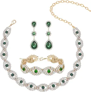 Women Classic Elegant Sparkling Infinity Design Rhinestone Crystal Choker Necklace Earrings Bracelet Jewelry Set for Wedding Bridal Bridesmaids Party