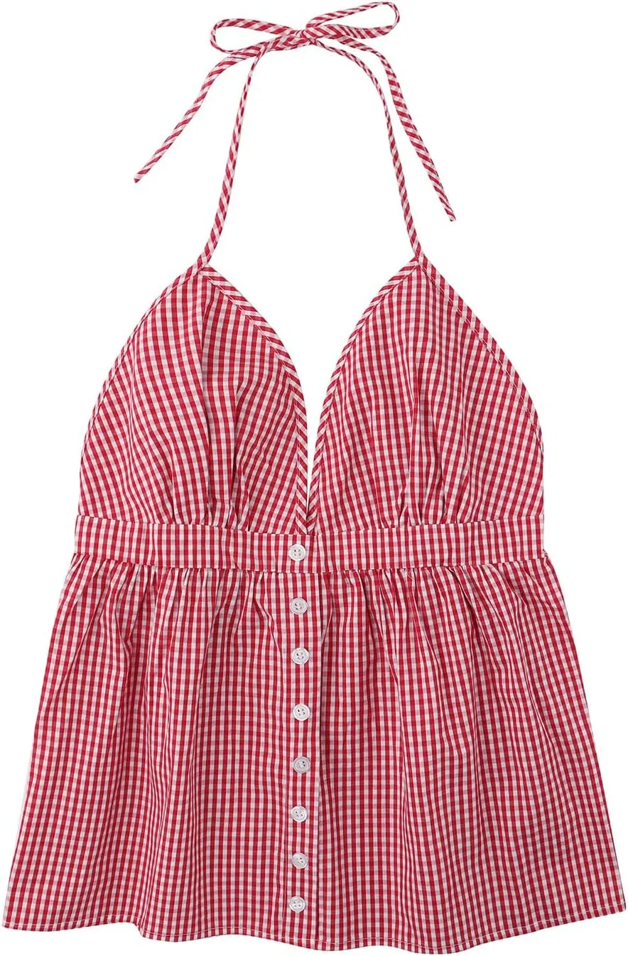 Women Floral Deep V Neck Halter Tops Sleeveless Button Down Backless A Line Camisole Ruffle A Line Babydoll Shirt
