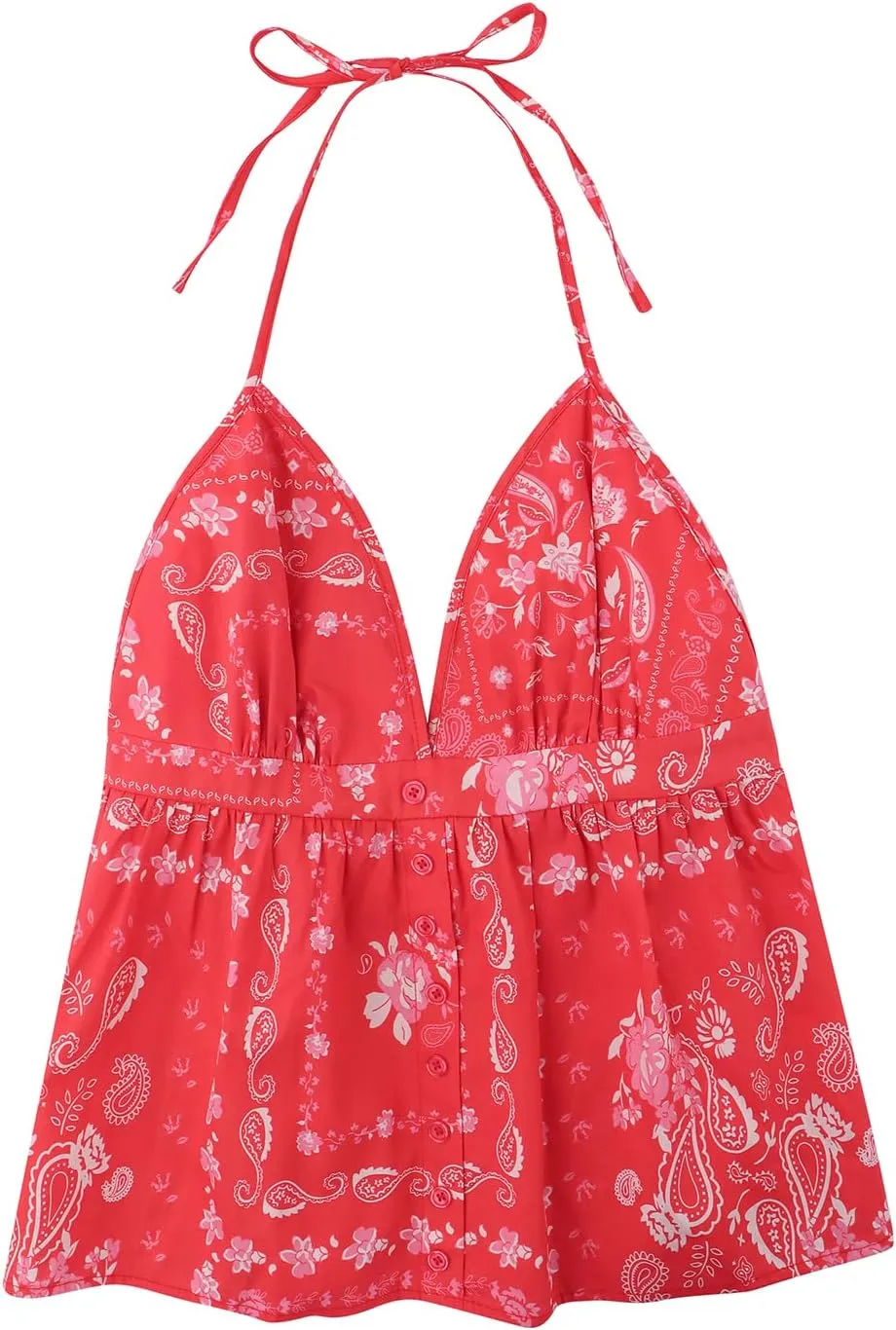 Women Floral Deep V Neck Halter Tops Sleeveless Button Down Backless A Line Camisole Ruffle A Line Babydoll Shirt