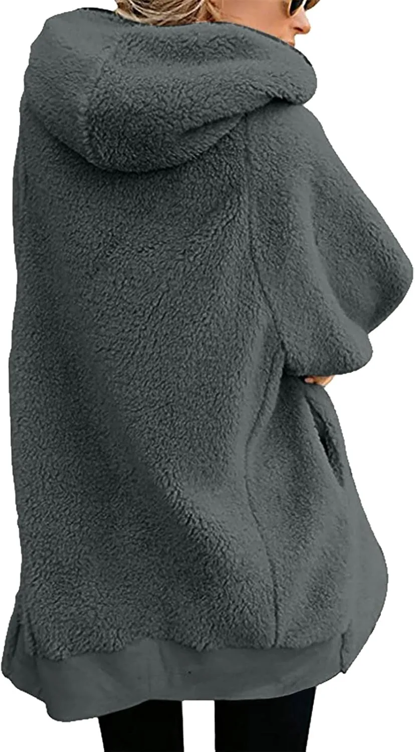 Women Girls Winter Sherpa Hooded Jackets Zip up Hoodie Quilted Lightweight Wool Blend Fleece Trench Coats Outerwear