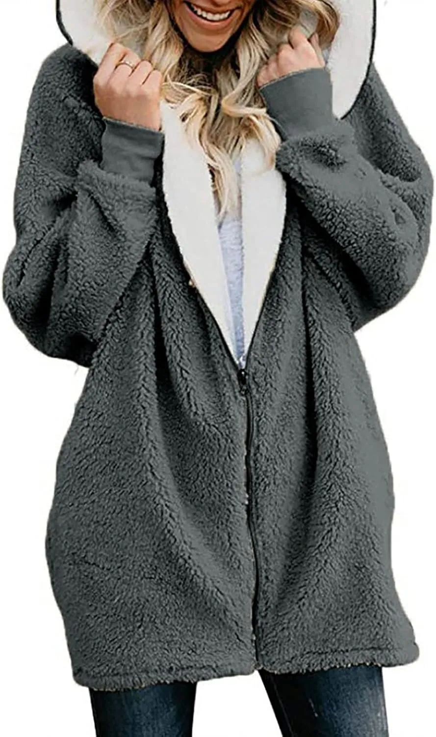 Women Girls Winter Sherpa Hooded Jackets Zip up Hoodie Quilted Lightweight Wool Blend Fleece Trench Coats Outerwear