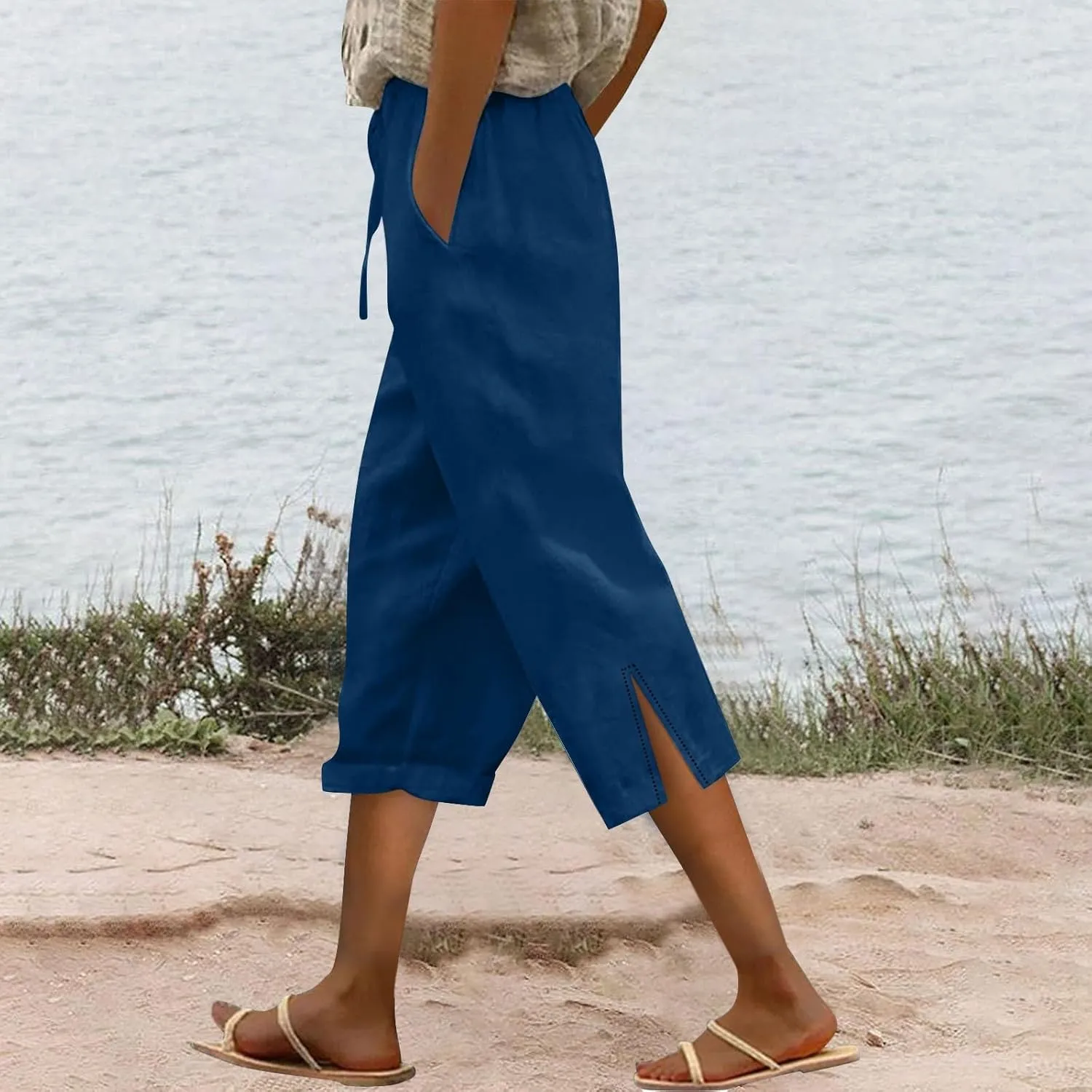Women Linen Pants 2025 Summer High Waist Elastic Drawstring Straight Leg Lounge Pant Casual Loose Beach Trousers