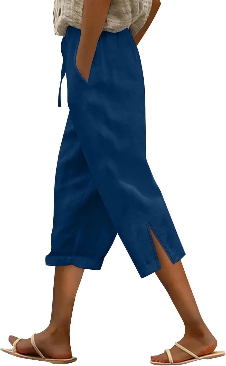 Women Linen Pants 2025 Summer High Waist Elastic Drawstring Straight Leg Lounge Pant Casual Loose Beach Trousers