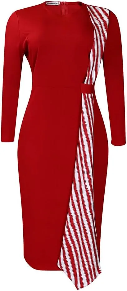 Women Oversized Crew-neck Dress Contrast Stripe Long Sleeve Hip Wrapped High Waisted Pencil Skirt Elegant Slim Dress