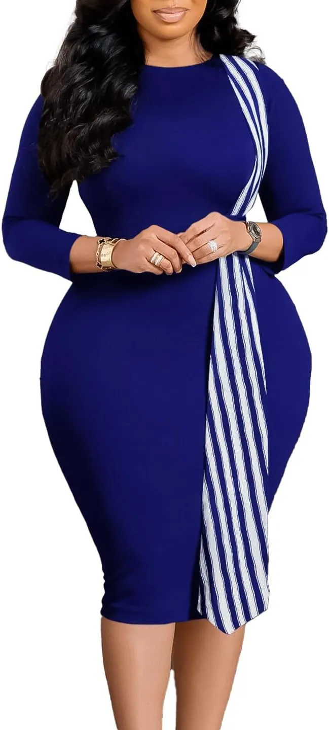 Women Oversized Crew-neck Dress Contrast Stripe Long Sleeve Hip Wrapped High Waisted Pencil Skirt Elegant Slim Dress