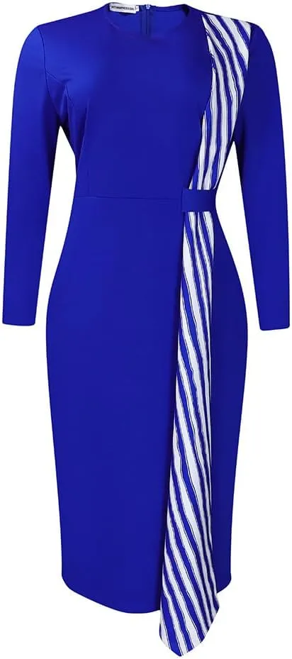 Women Oversized Crew-neck Dress Contrast Stripe Long Sleeve Hip Wrapped High Waisted Pencil Skirt Elegant Slim Dress