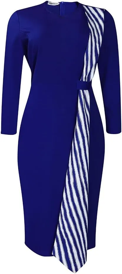 Women Oversized Crew-neck Dress Contrast Stripe Long Sleeve Hip Wrapped High Waisted Pencil Skirt Elegant Slim Dress