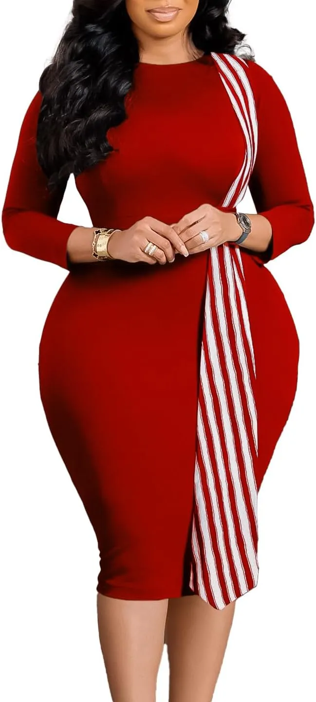 Women Oversized Crew-neck Dress Contrast Stripe Long Sleeve Hip Wrapped High Waisted Pencil Skirt Elegant Slim Dress