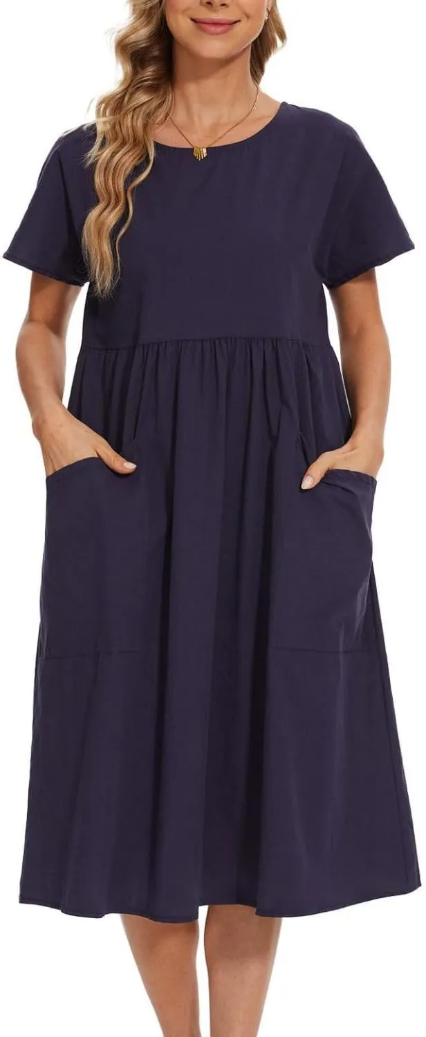 Women Oversized Dress Summer Crew Neck Short Sleeve Midi Dress Loose Casual Tunic Beach Dresses with Pockets