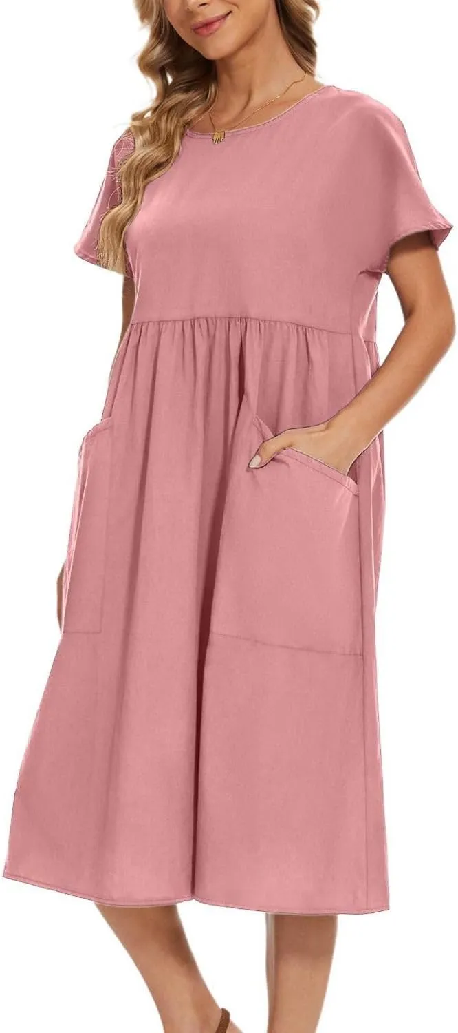 Women Oversized Dress Summer Crew Neck Short Sleeve Midi Dress Loose Casual Tunic Beach Dresses with Pockets