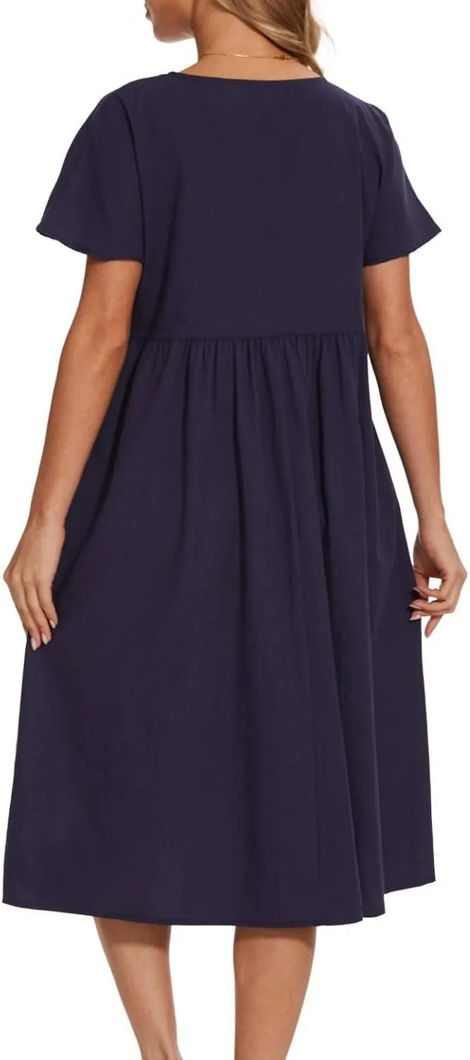 Women Oversized Dress Summer Crew Neck Short Sleeve Midi Dress Loose Casual Tunic Beach Dresses with Pockets