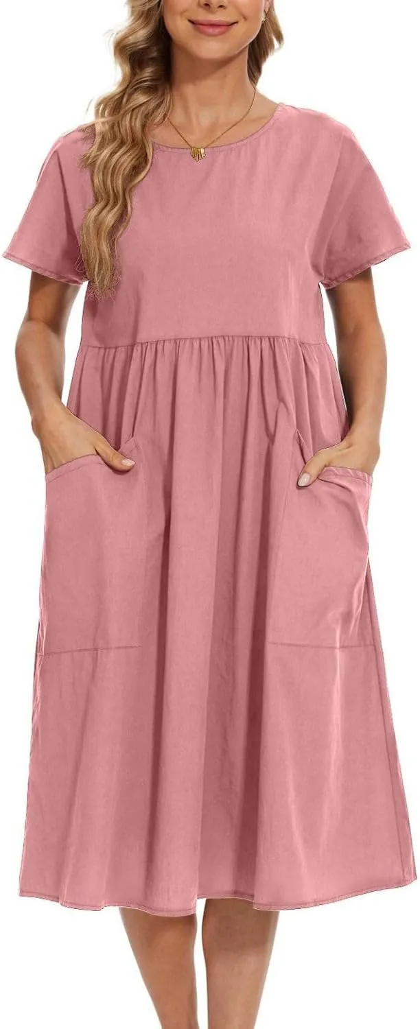 Women Oversized Dress Summer Crew Neck Short Sleeve Midi Dress Loose Casual Tunic Beach Dresses with Pockets