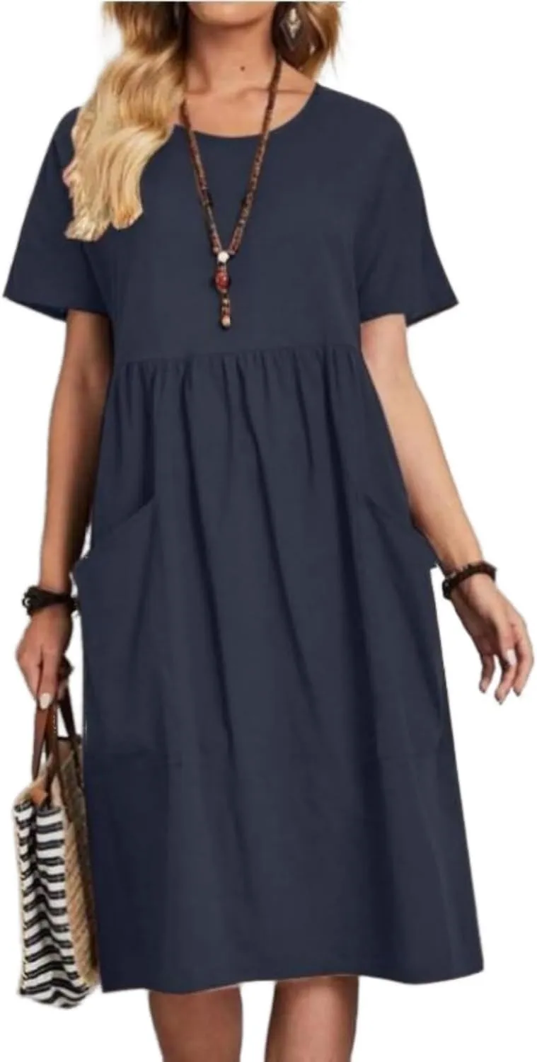 Women Oversized Dress Summer Crew Neck Short Sleeve Midi Dress Loose Casual Tunic Beach Dresses with Pockets