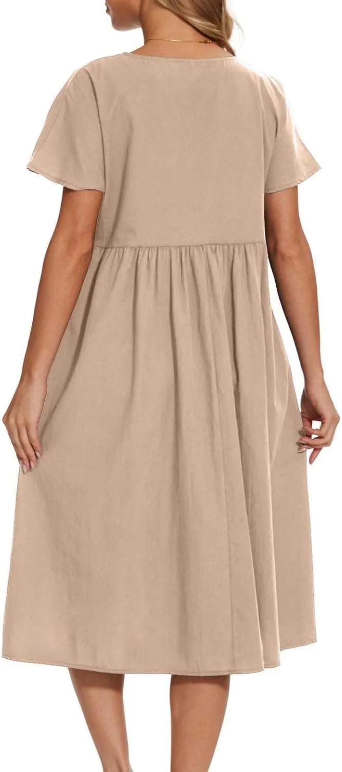 Women Oversized Dress Summer Crew Neck Short Sleeve Midi Dress Loose Casual Tunic Beach Dresses with Pockets