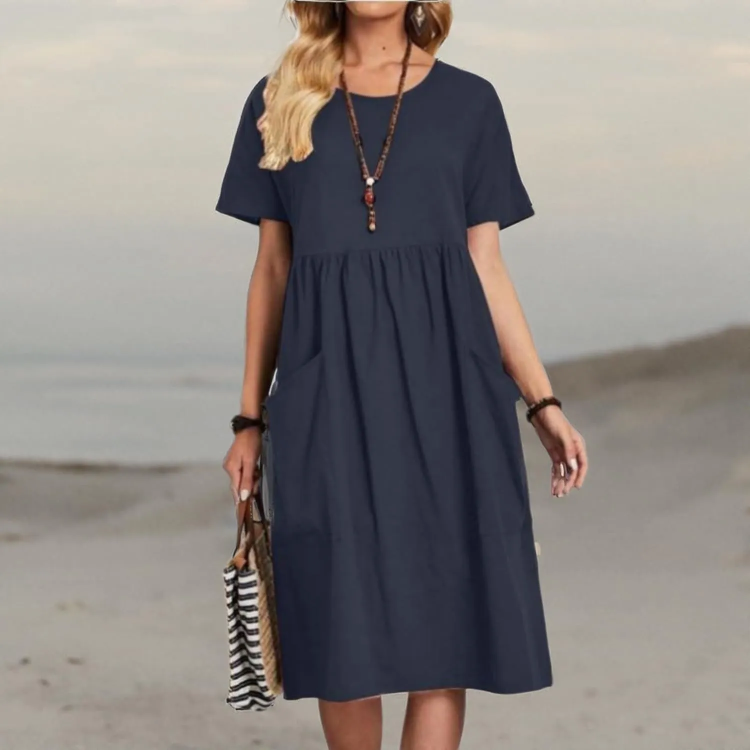 Women Oversized Dress Summer Crew Neck Short Sleeve Midi Dress Loose Casual Tunic Beach Dresses with Pockets