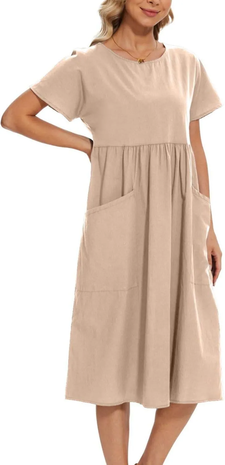 Women Oversized Dress Summer Crew Neck Short Sleeve Midi Dress Loose Casual Tunic Beach Dresses with Pockets