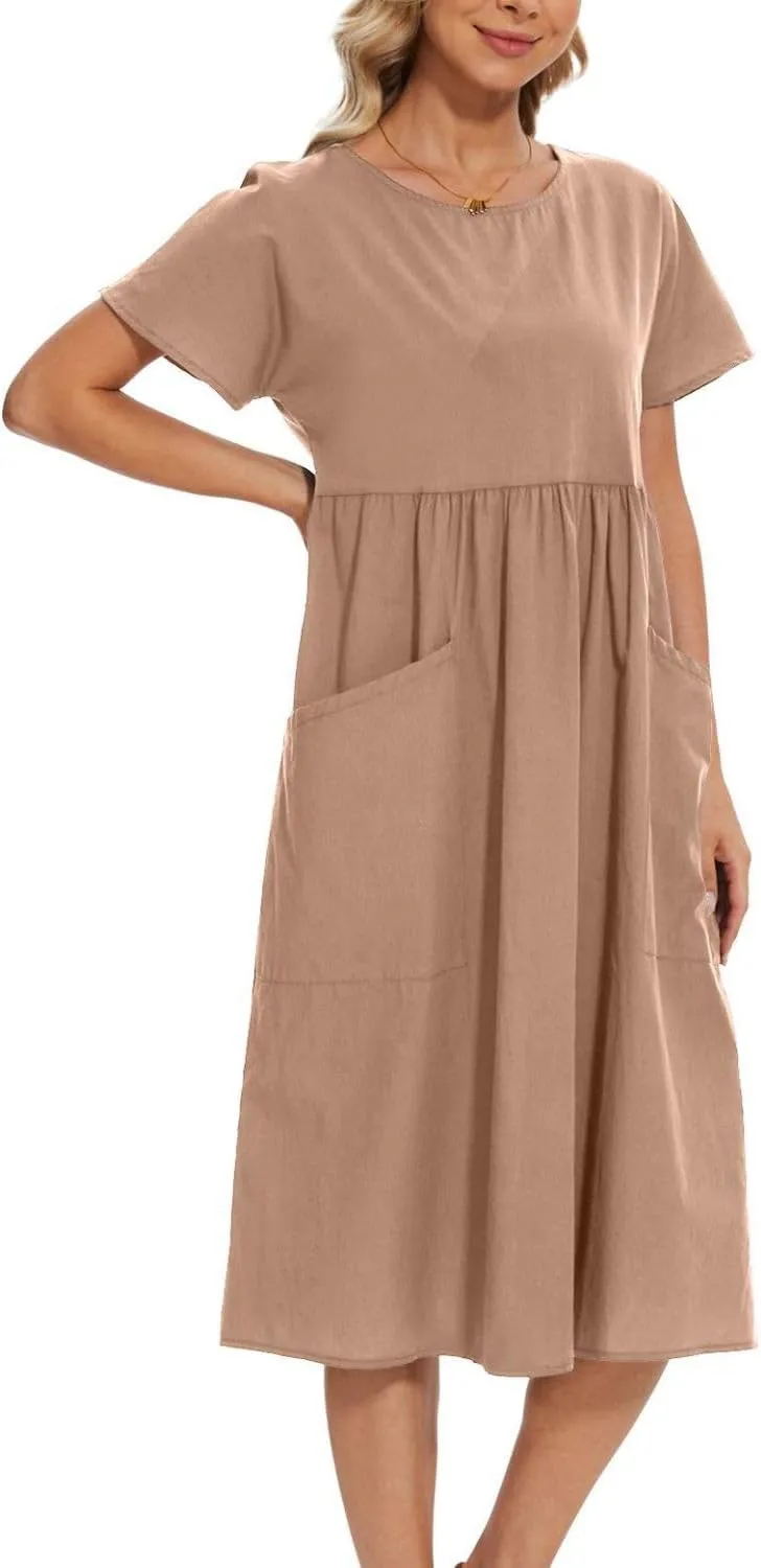 Women Oversized Dress Summer Crew Neck Short Sleeve Midi Dress Loose Casual Tunic Beach Dresses with Pockets