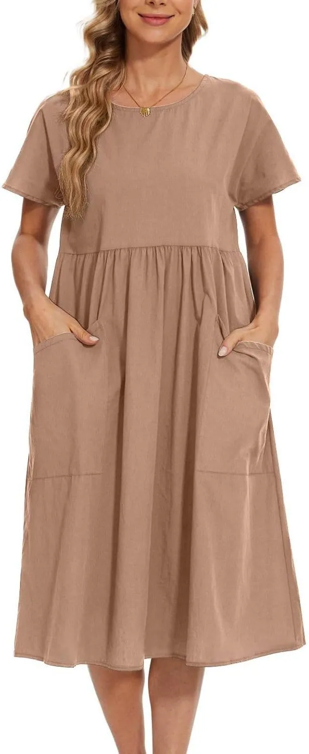 Women Oversized Dress Summer Crew Neck Short Sleeve Midi Dress Loose Casual Tunic Beach Dresses with Pockets