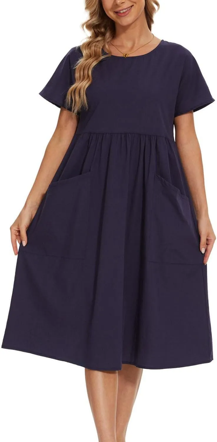 Women Oversized Dress Summer Crew Neck Short Sleeve Midi Dress Loose Casual Tunic Beach Dresses with Pockets
