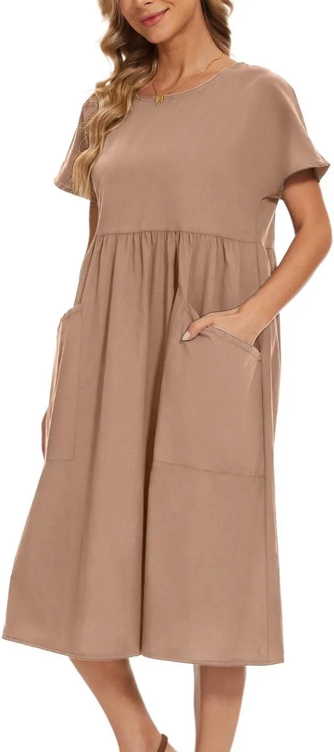 Women Oversized Dress Summer Crew Neck Short Sleeve Midi Dress Loose Casual Tunic Beach Dresses with Pockets