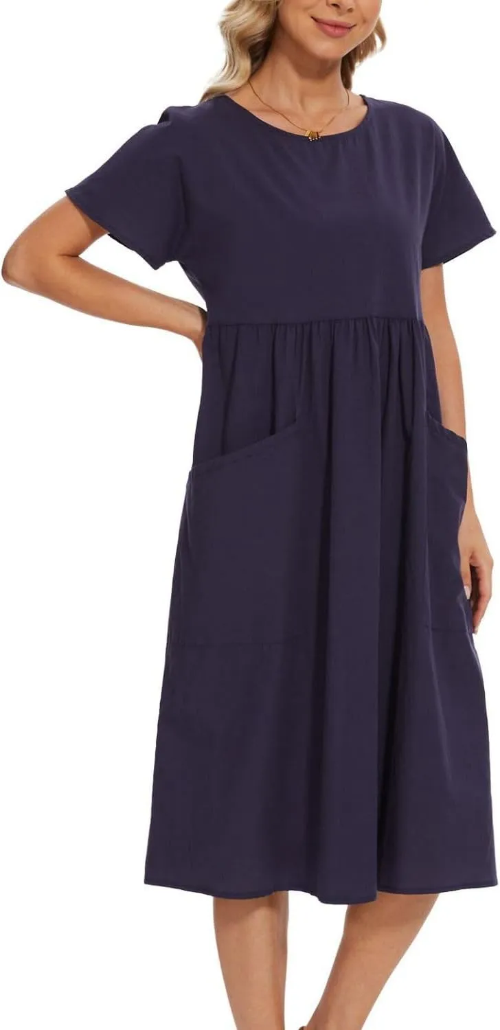 Women Oversized Dress Summer Crew Neck Short Sleeve Midi Dress Loose Casual Tunic Beach Dresses with Pockets